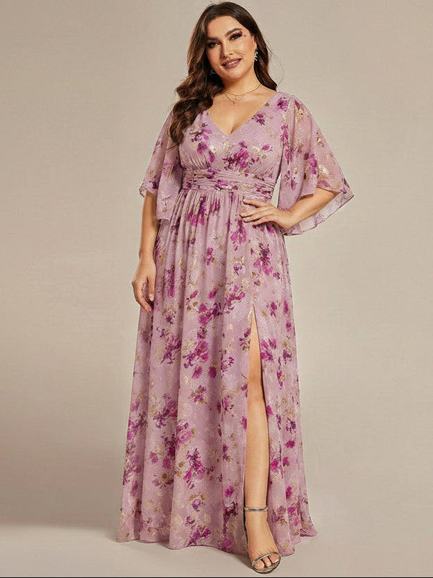 pretty ELYAN|Plus Size Half Sleeve Pleated A-Line V-Neck Chiffon Bridesmaid Dress
