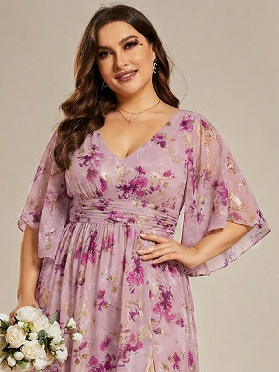 pretty ELYAN|Plus Size Half Sleeve Pleated A-Line V-Neck Chiffon Bridesmaid Dress