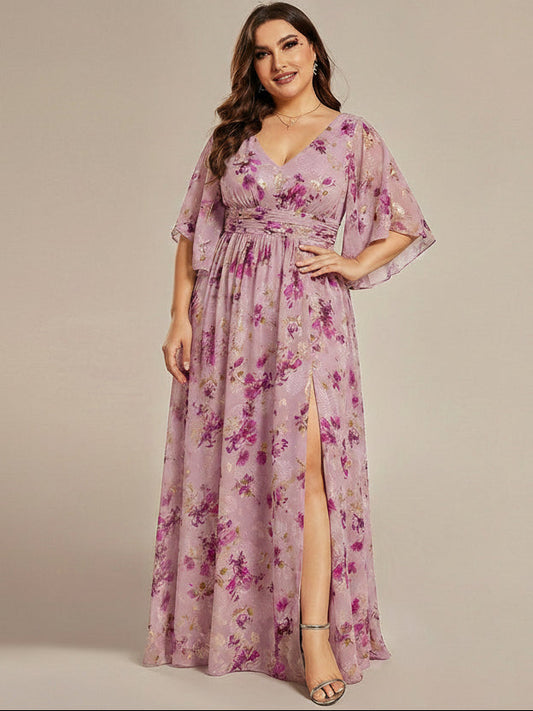 pretty ELYAN|Plus Size Printed Half Sleeve Pleated A-Line Chiffon Wedding Guest Dress