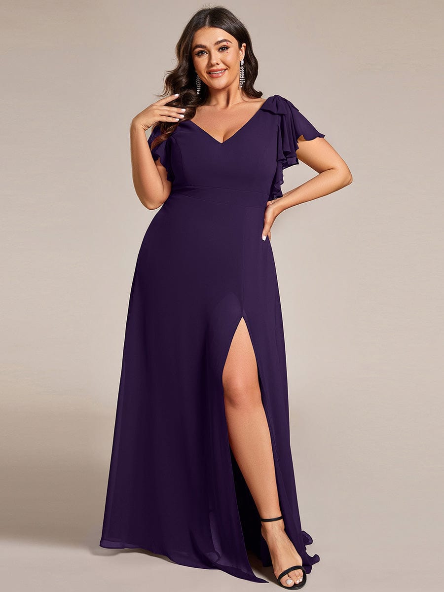 ever ROSY|Short Sleeves with Bowknot High Front Slit A-Line Chiffon Bridesmaid Dress