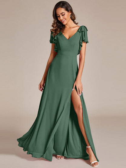 ever ROSY|Short Sleeves with Bowknot High Front Slit A-Line Chiffon Bridesmaid Dress