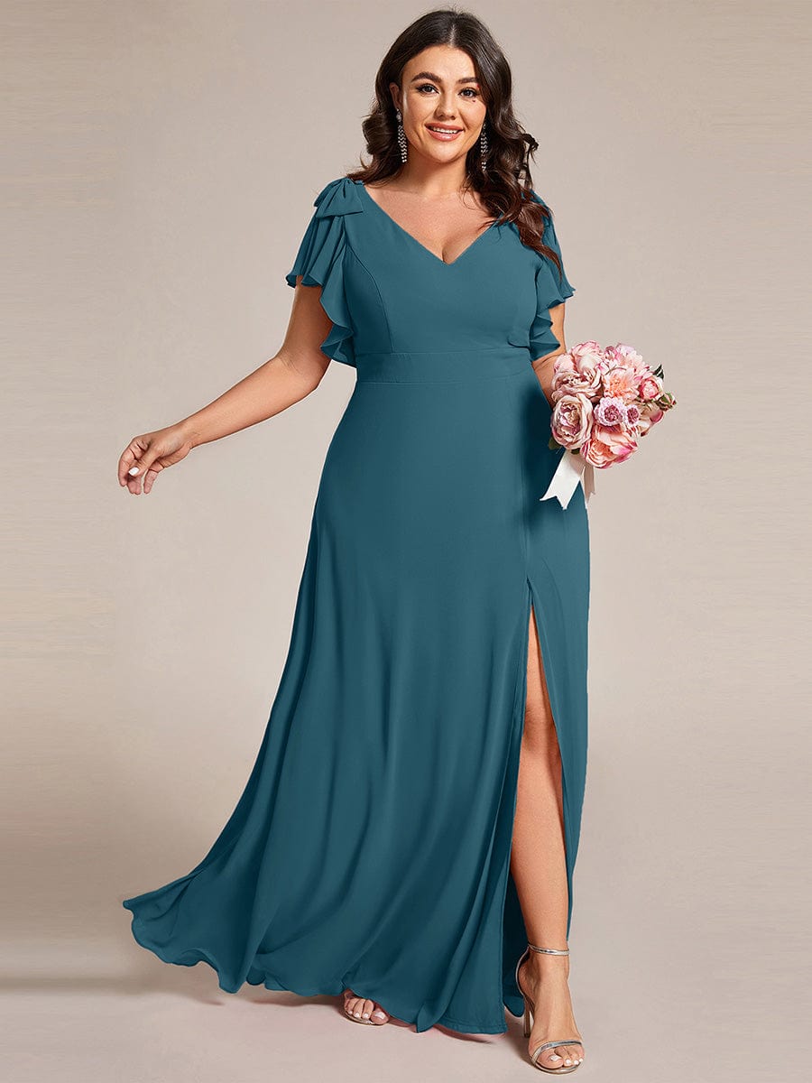 ever ROSY|Short Sleeves with Bowknot High Front Slit A-Line Chiffon Bridesmaid Dress
