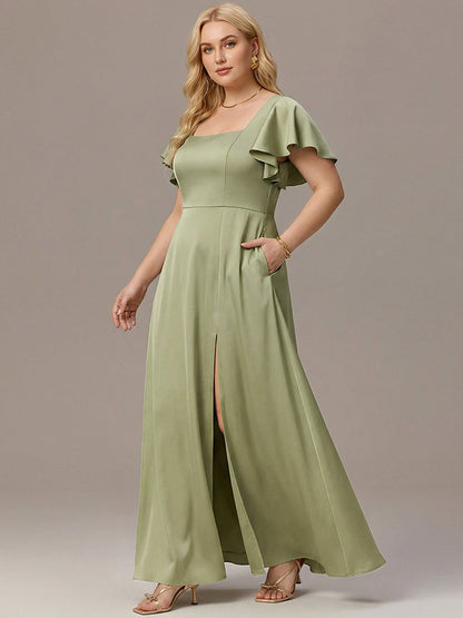 ever LIORIE|Plus Size Square Neck Flutter Sleeve Maxi Bridesmaid Dress with Pockets