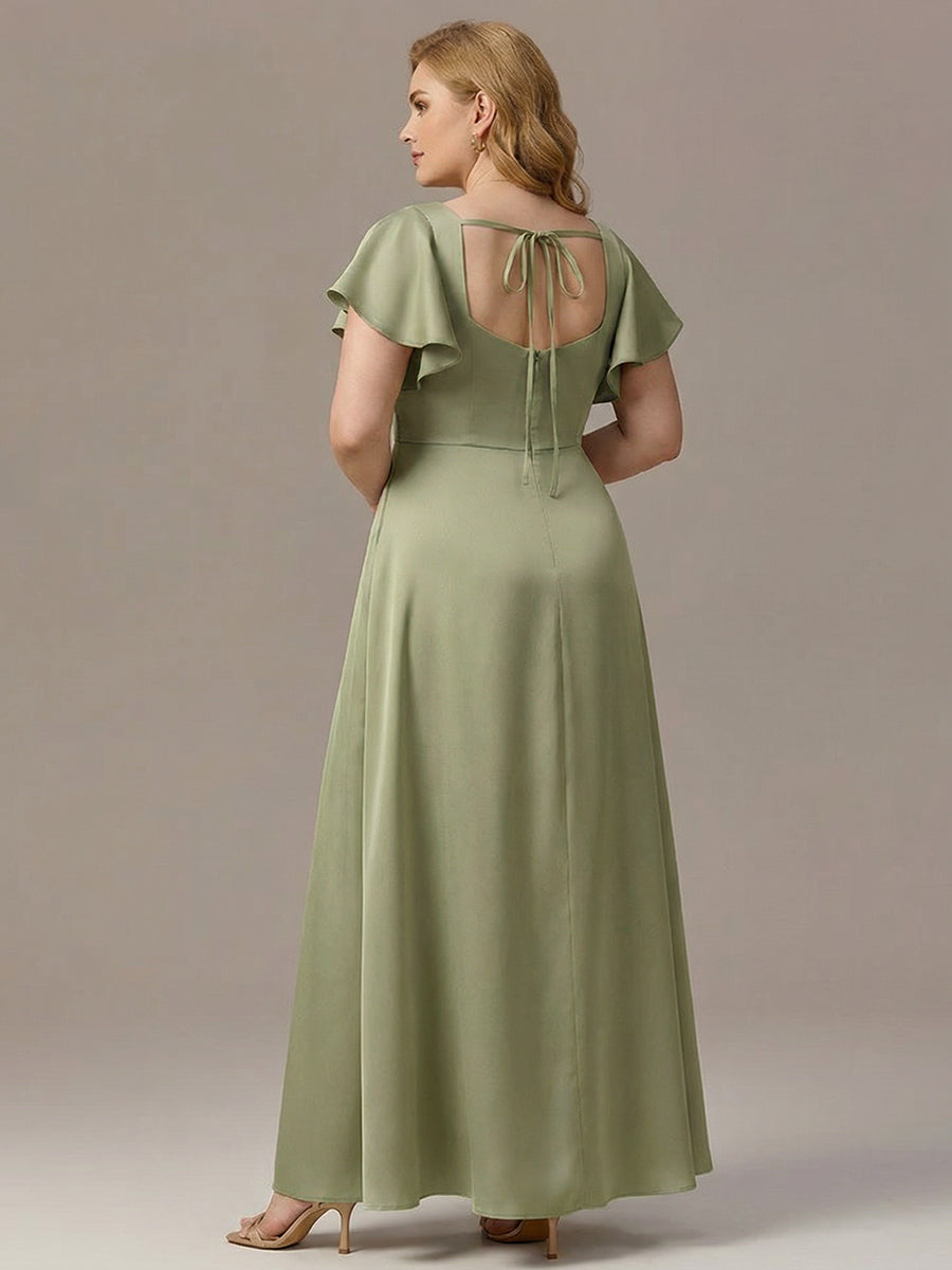 ever LIORIE|Plus Size Square Neck Flutter Sleeve Maxi Bridesmaid Dress with Pockets