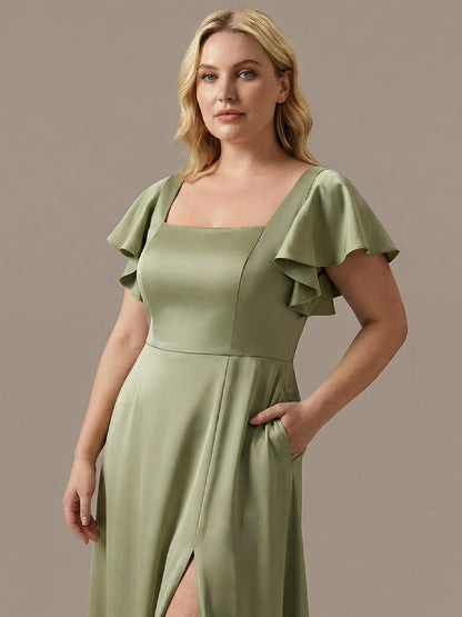 ever LIORIE|Plus Size Square Neck Flutter Sleeve Maxi Bridesmaid Dress with Pockets