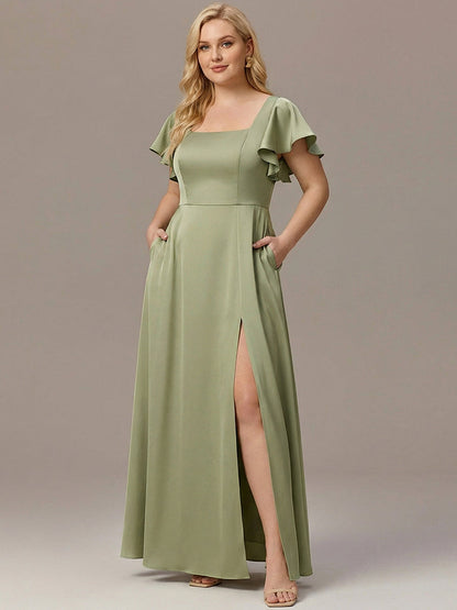 ever LIORIE|Plus Size Square Neck Flutter Sleeve Maxi Bridesmaid Dress with Pockets