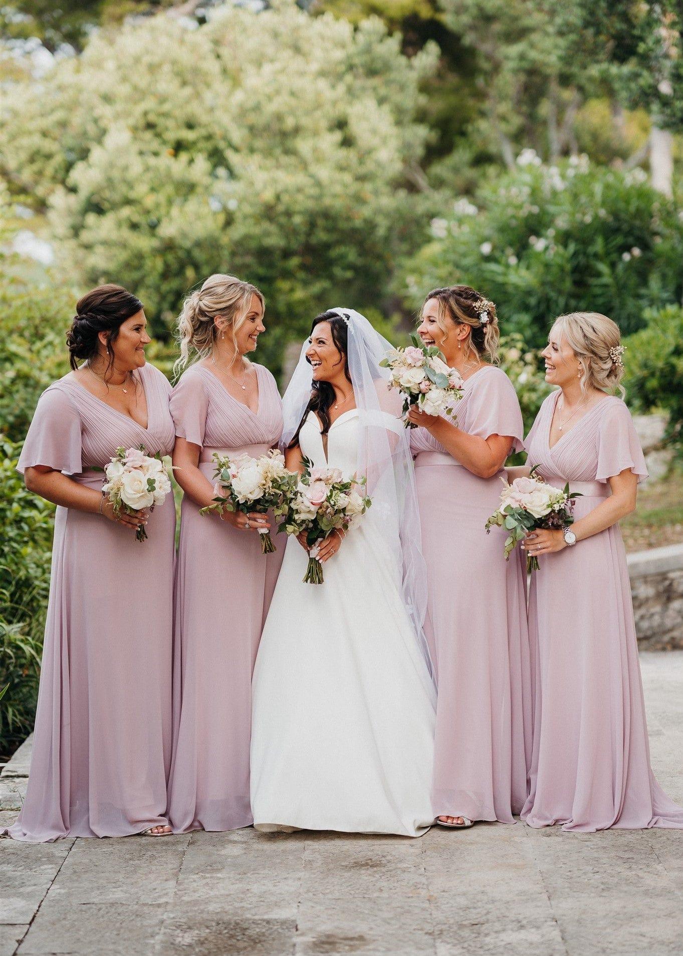 pretty MONICA|Plus Size Empire Waist V Back Bridesmaid Dress with Short Sleeves