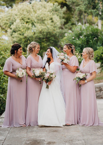 pretty MONICA|Plus Size Empire Waist V Back Bridesmaid Dress with Short Sleeves