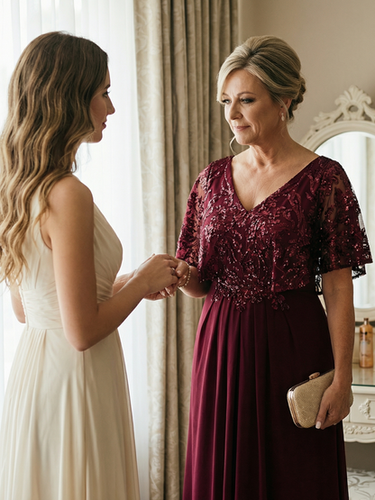 pretty KIRA|Plus Size Sequin Cape Sleeve V-Neck Mother of the Bride Dress