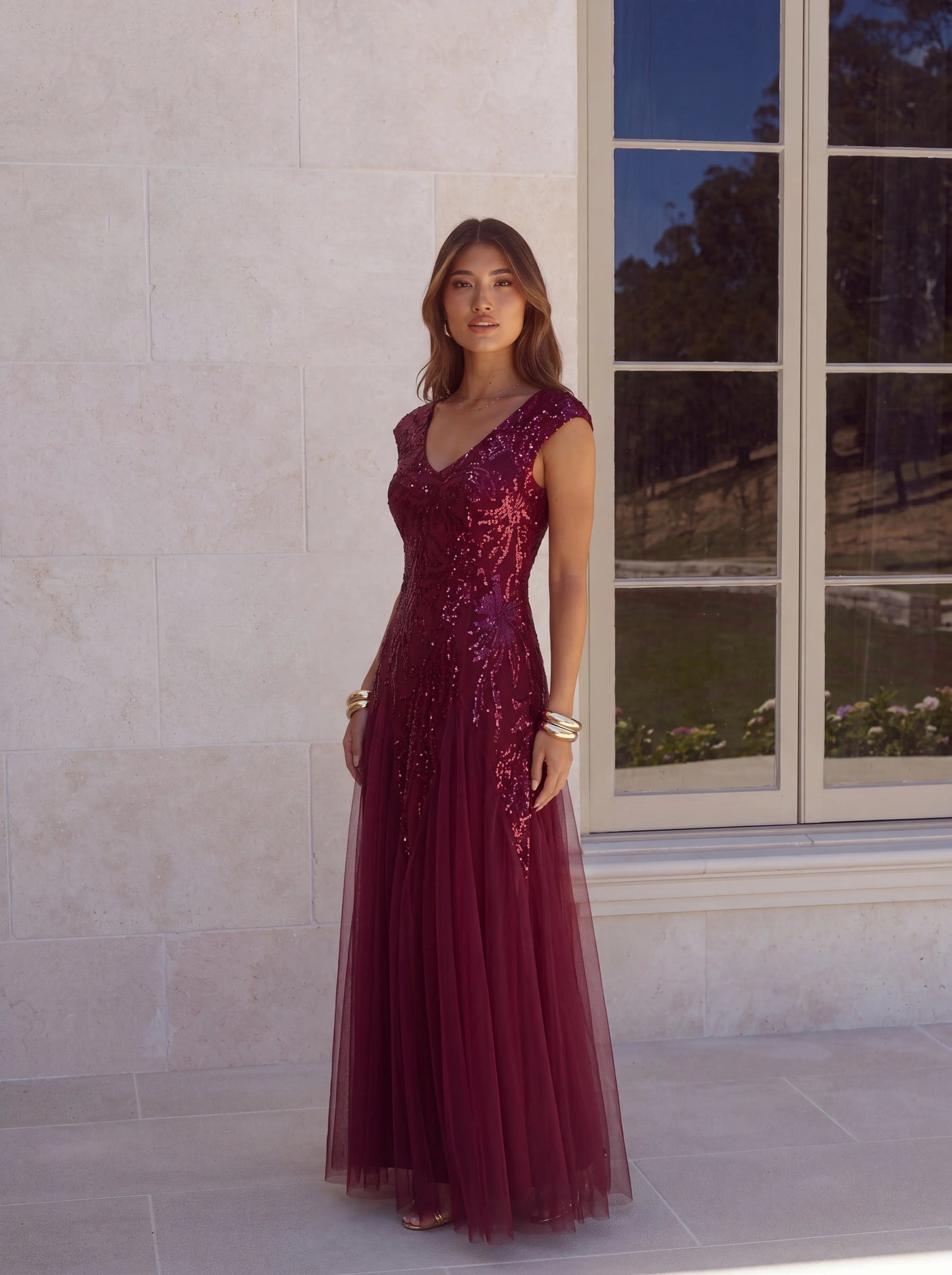 ever FREYA|Embroidered Sequin Cap Sleeve High Stretch Evening Dress