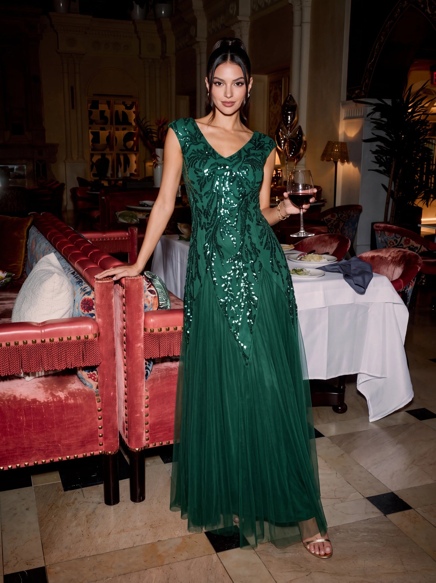 ever FREYA|Embroidered Sequin Cap Sleeve High Stretch Evening Dress