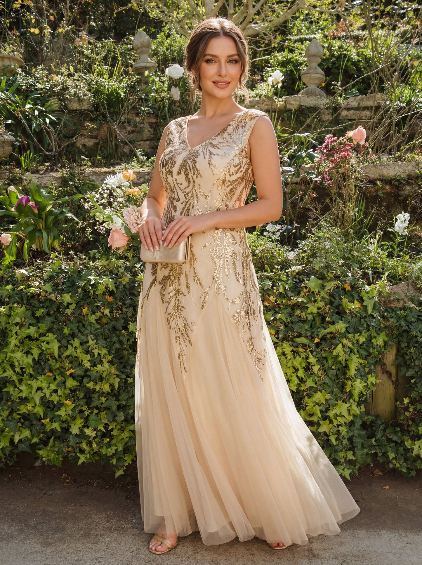 pretty FREYA|Plus Size V-Neck Sequin High Stretch Cap Sleeve Tulle Formal Dress
