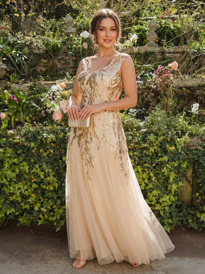 pretty FREYA|Plus Size V-Neck Sequin High Stretch Cap Sleeve Tulle Formal Dress