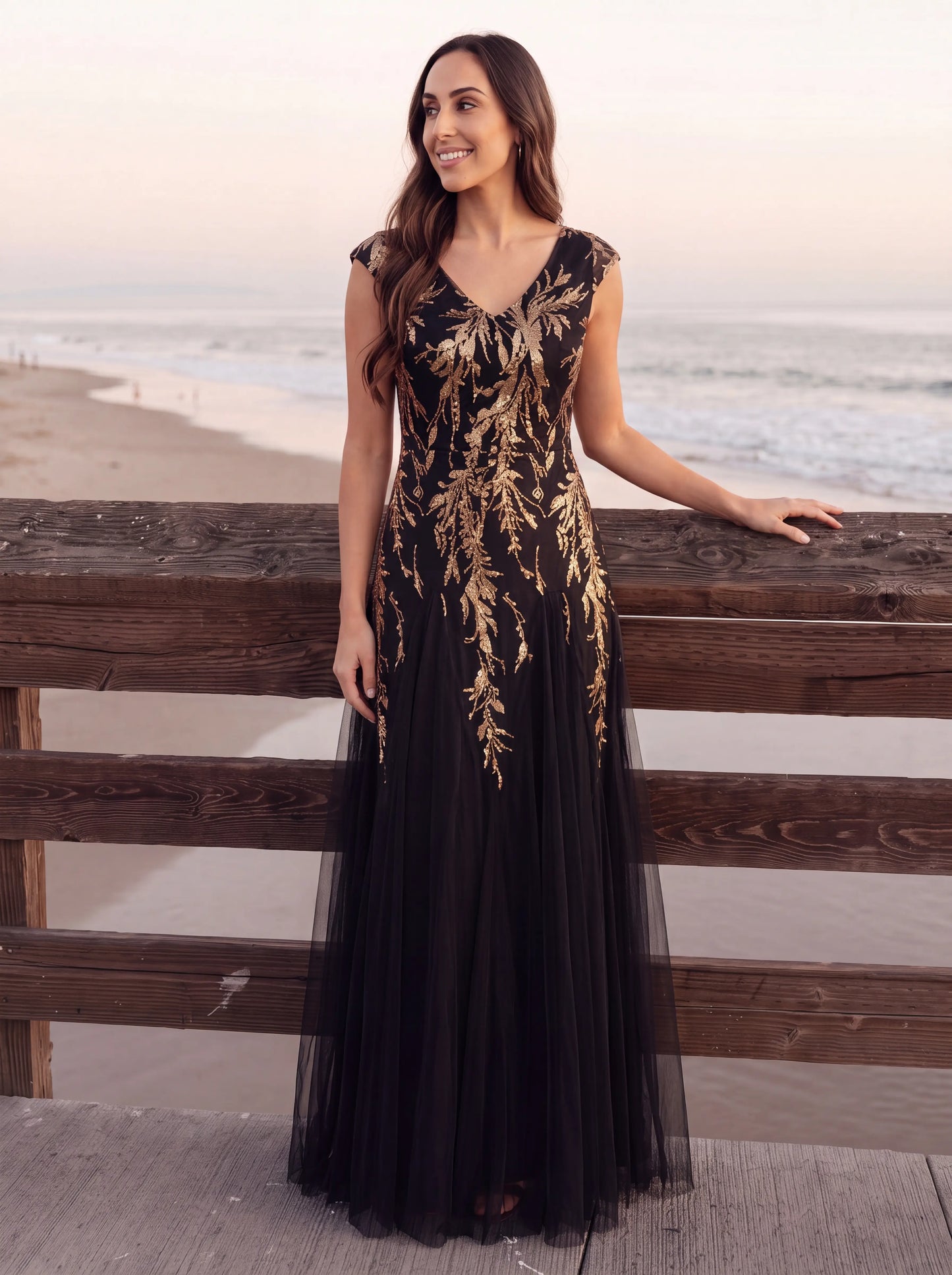 ever FREYA|Embroidered Sequin Cap Sleeve High Stretch Evening Dress
