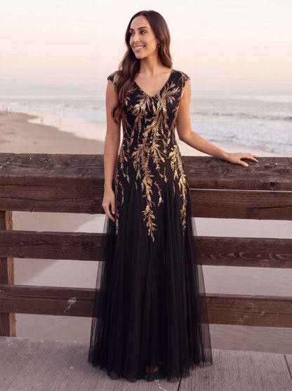 ever FREYA|Embroidered Sequin Cap Sleeve High Stretch Evening Dress