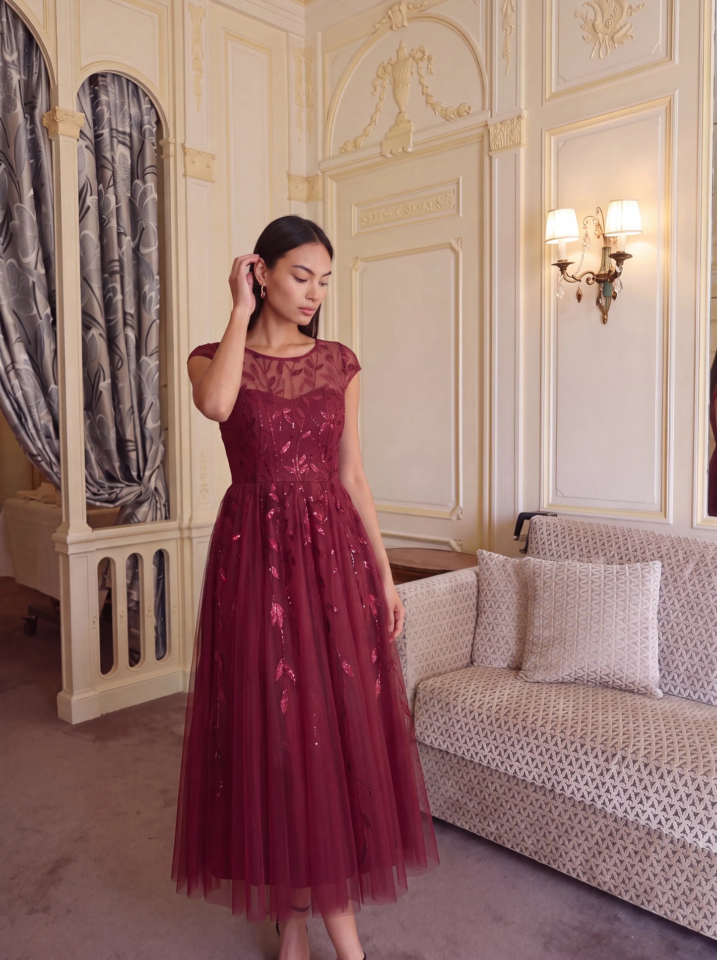 See-through Sequin Cap Sleeve Wedding Guest Dress