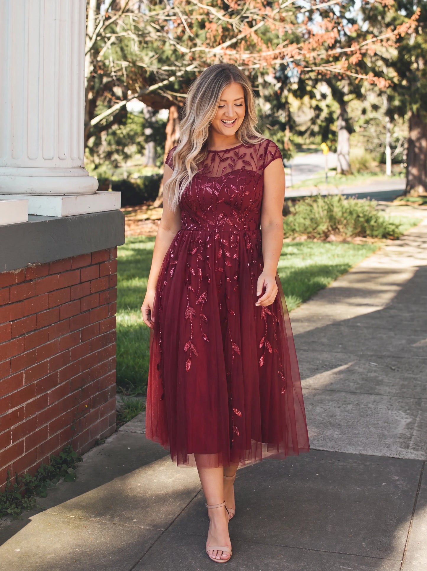 See-through Sequin Cap Sleeve Wedding Guest Dress