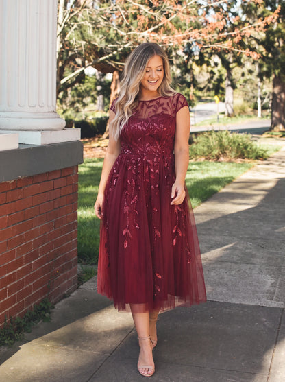 See-through Sequin Cap Sleeve Wedding Guest Dress