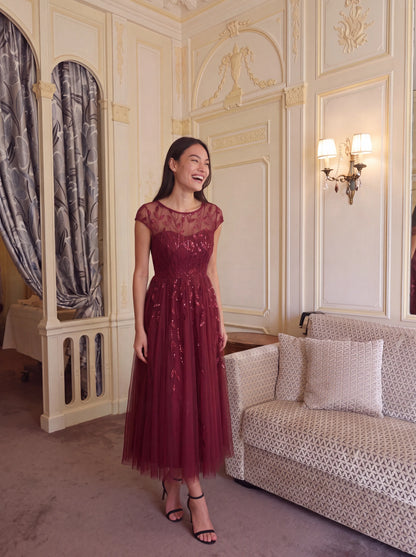 See-through Sequin Cap Sleeve Wedding Guest Dress