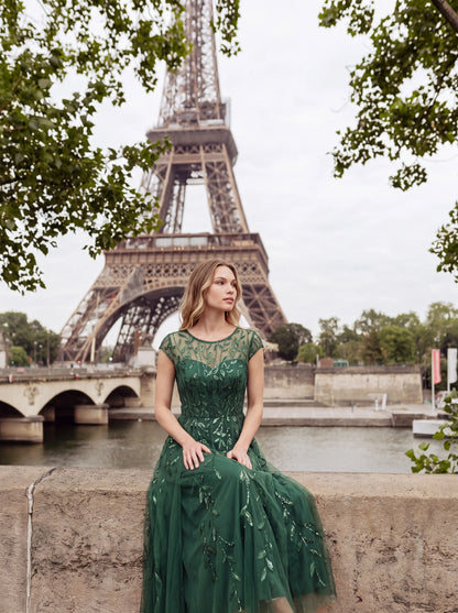 See-through Sequin Cap Sleeve Wedding Guest Dress