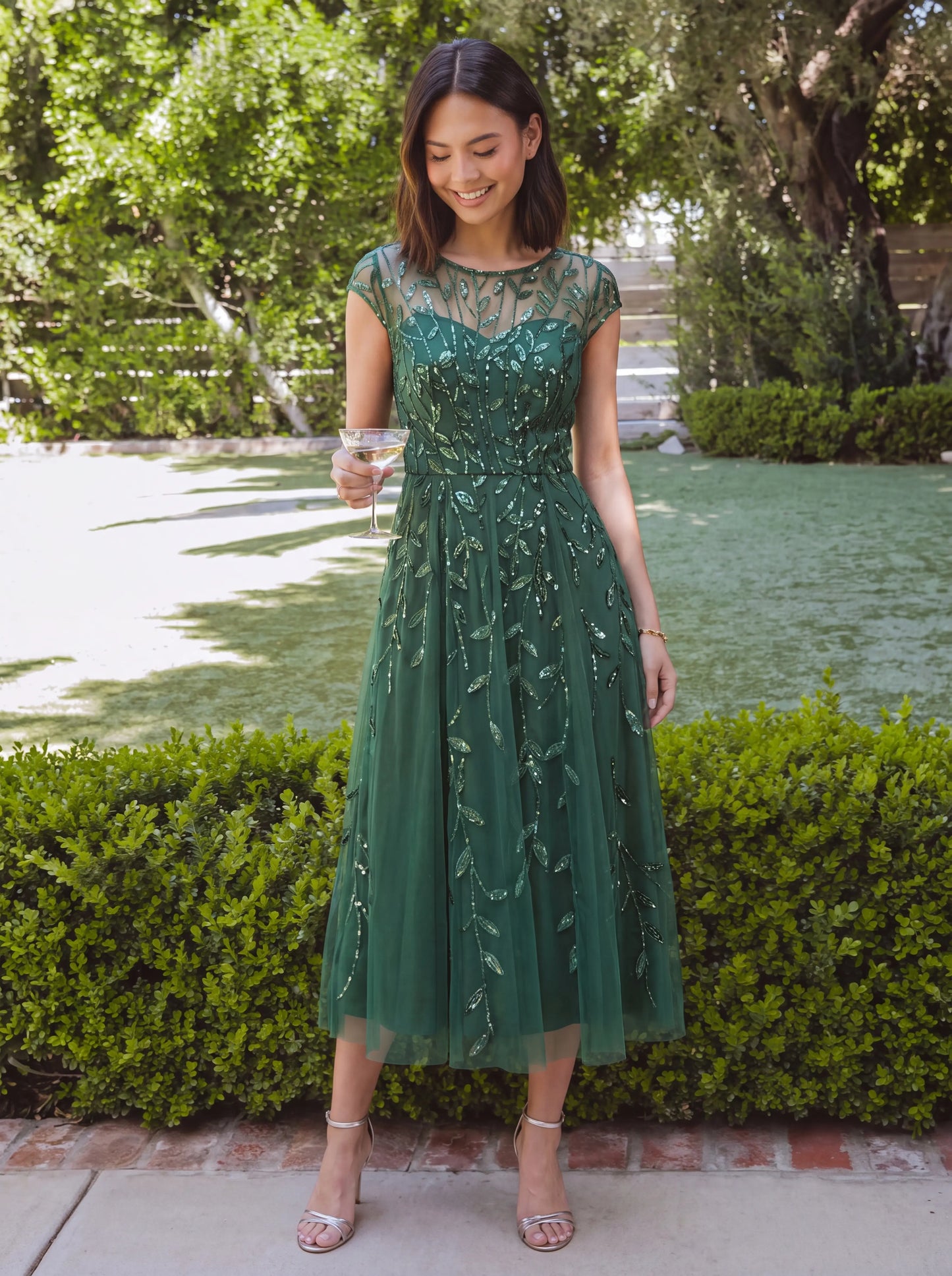 See-through Sequin Cap Sleeve Wedding Guest Dress