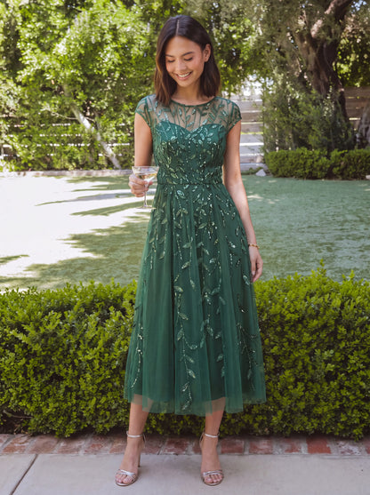 See-through Sequin Cap Sleeve Wedding Guest Dress