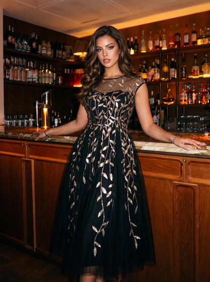 See-through Sequin Cap Sleeve Wedding Guest Dress