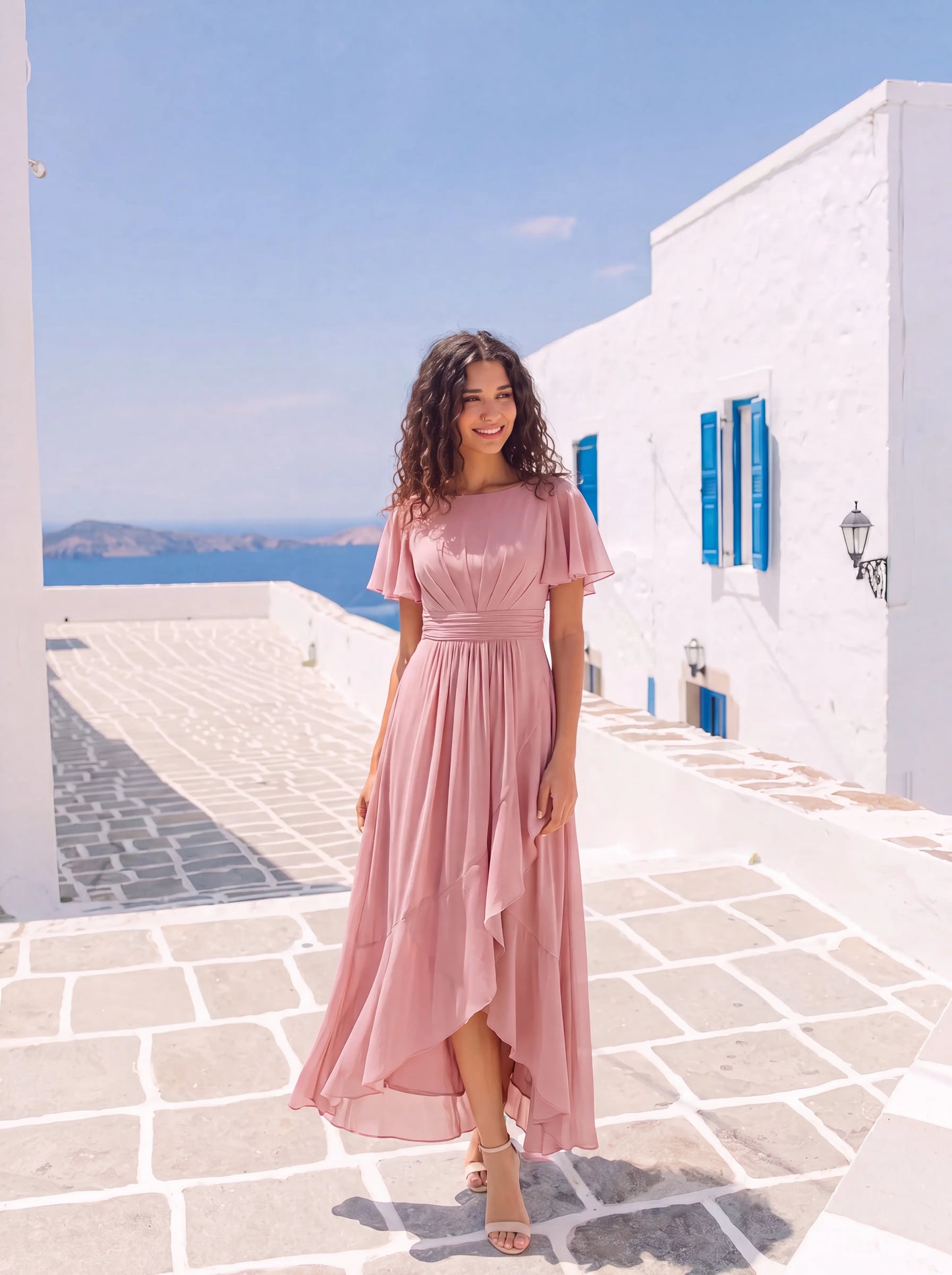 ever SAGE|Chiffon Ruffle Short Sleeve Wedding Guest Dress
