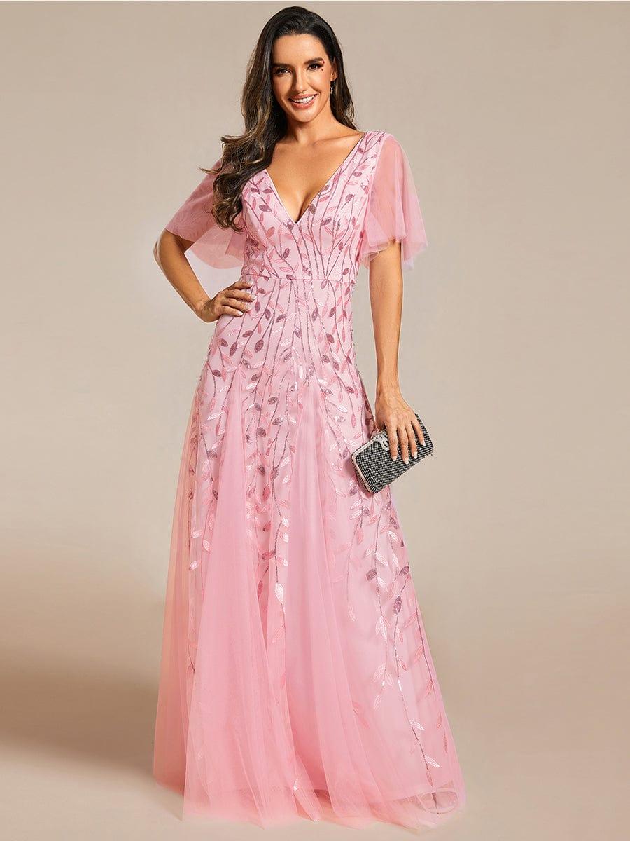 ever ASTRAL|Elegant Ruffle Sleeves Maxi Sequin Mother of the Bride Dress