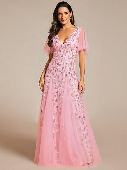 ever ASTRAL|Elegant Ruffle Sleeves Maxi Sequin Mother of the Bride Dress