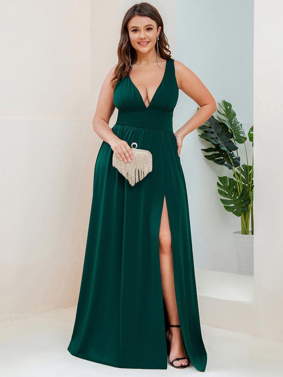 pretty SORAYA|Plus Size Sleeveless V-Neck Empire Waist High Slit Floor-Length Evening Dress