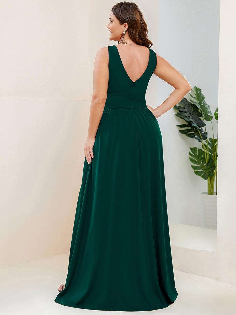 pretty SORAYA|Plus Size Sleeveless V-Neck Empire Waist High Slit Floor-Length Evening Dress
