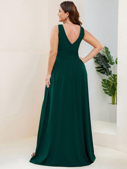 pretty SORAYA|Plus Size Sleeveless V-Neck Empire Waist High Slit Floor-Length Evening Dress