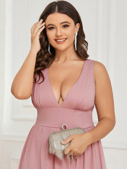 pretty SORAYA|Plus Size Sleeveless V-Neck Empire Waist High Slit Floor-Length Evening Dress