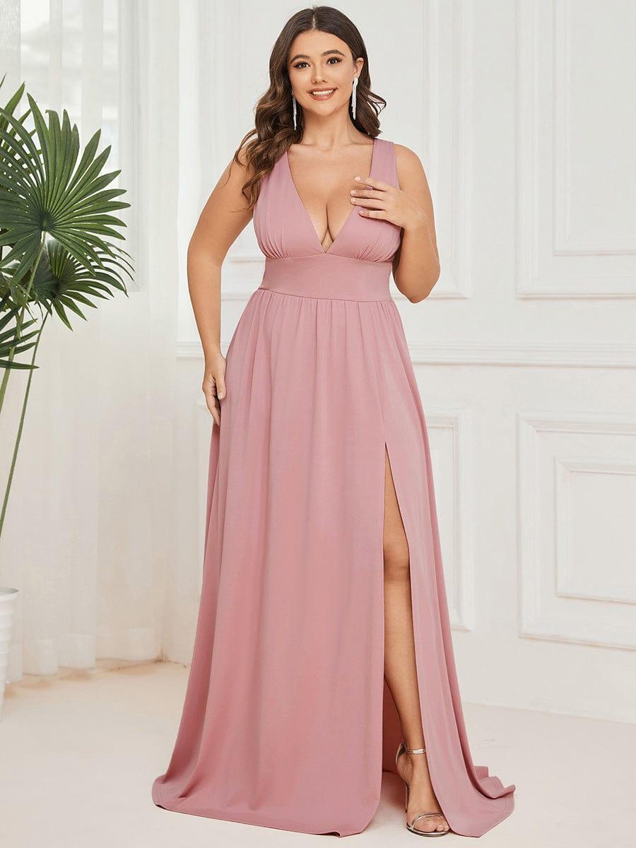 pretty SORAYA|Plus Size Sleeveless V-Neck Empire Waist High Slit Floor-Length Evening Dress