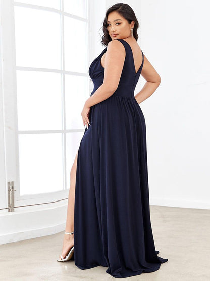 pretty SORAYA|Plus Size Sleeveless V-Neck Empire Waist High Slit Floor-Length Evening Dress