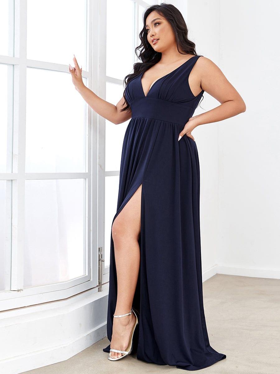 pretty SORAYA|Plus Size Sleeveless V-Neck Empire Waist High Slit Floor-Length Evening Dress