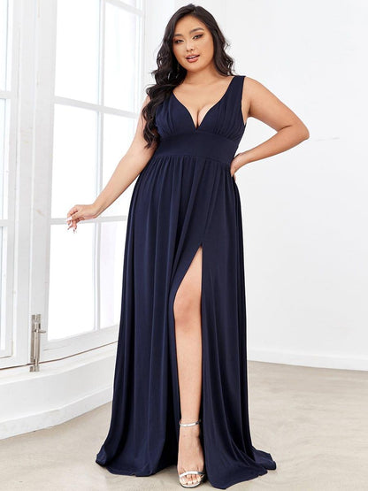ever SORAYA|Sleeveless V-Neck Empire Waist High Slit Floor-Length Evening Dress