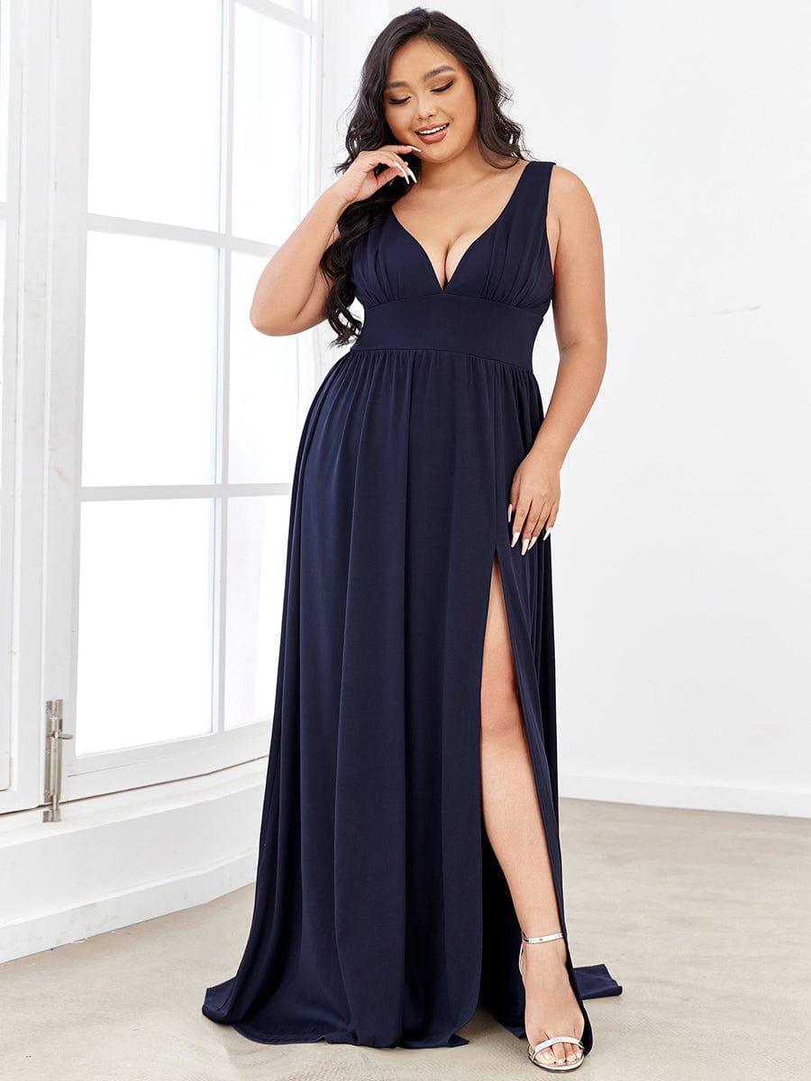 pretty SORAYA|Plus Size Sleeveless V-Neck Empire Waist High Slit Floor-Length Evening Dress