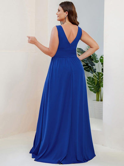 pretty SORAYA|Plus Size Sleeveless V-Neck Empire Waist High Slit Floor-Length Evening Dress