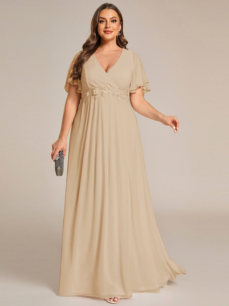 ever IVYROSE|Ruffles Sleeve A-Line Chiffon Waist Applique Maxi Mother of the Bride Dress