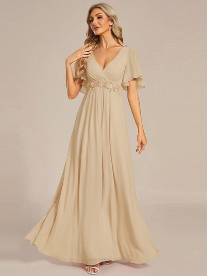 ever IVYROSE|Ruffles Sleeve A-Line Chiffon Waist Applique Maxi Formal Evening Dress