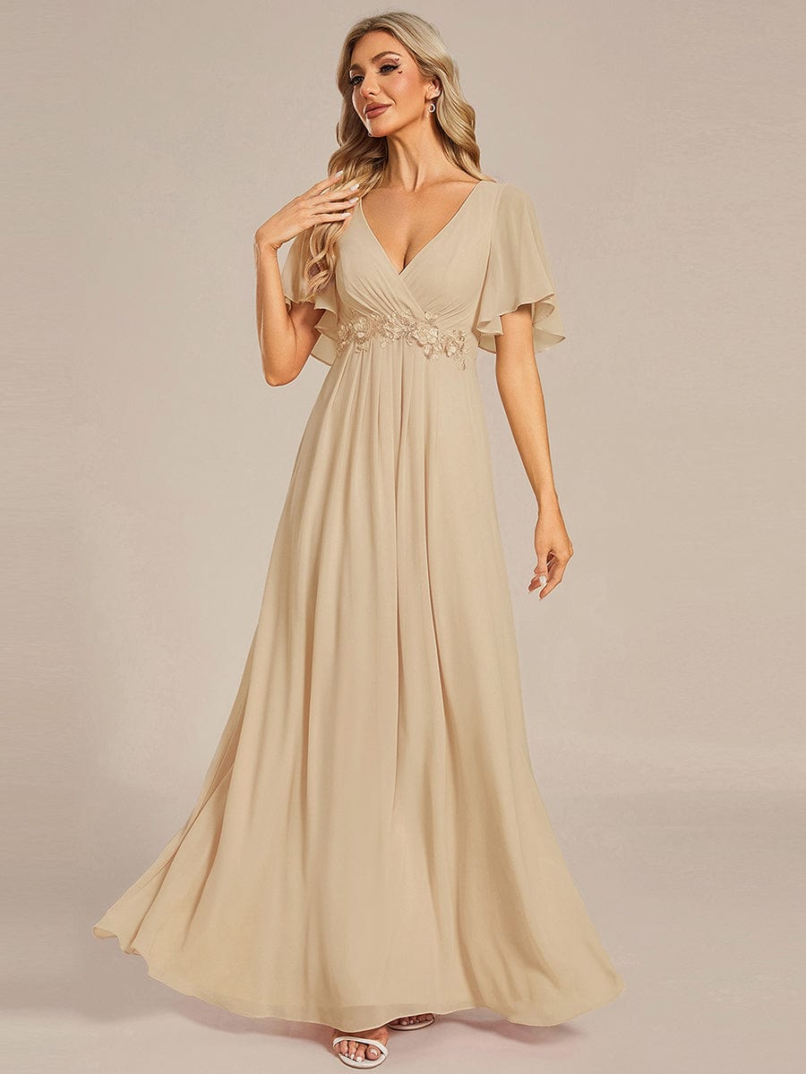 ever IVYROSE|Ruffles Sleeve A-Line Chiffon Waist Applique Maxi Mother of the Bride Dress
