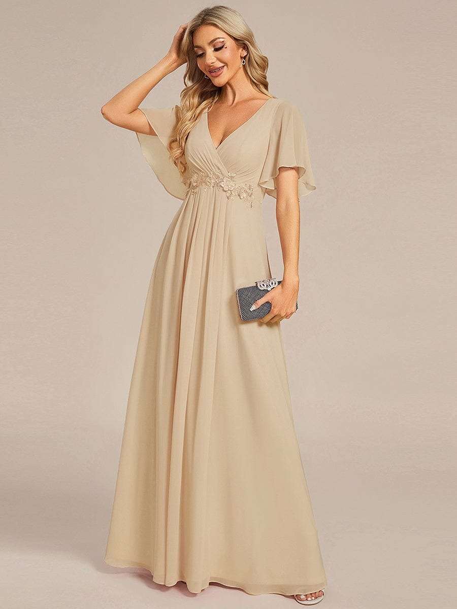ever IVYROSE|Ruffles Sleeve A-Line Chiffon Waist Applique Maxi Formal Evening Dress