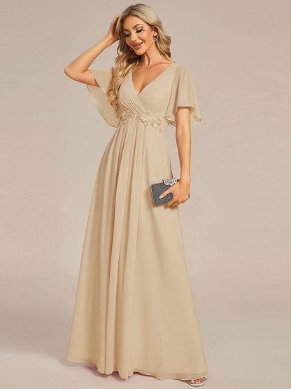 ever IVYROSE|Ruffles Sleeve A-Line Chiffon Waist Applique Maxi Mother of the Bride Dress