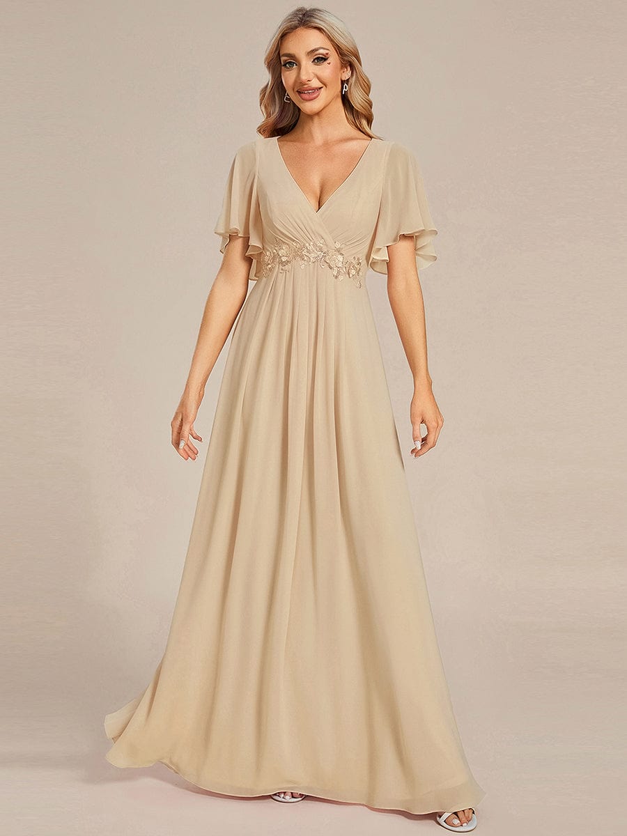 ever IVYROSE|Ruffles Sleeve A-Line Chiffon Waist Applique Maxi Mother of the Bride Dress