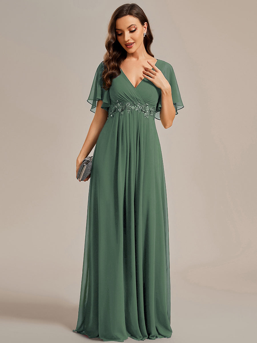ever IVYROSE|Ruffles Sleeve A-Line Chiffon Waist Applique Maxi Mother of the Bride Dress