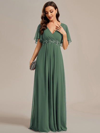 ever IVYROSE|Ruffles Sleeve A-Line Chiffon Waist Applique Maxi Mother of the Bride Dress