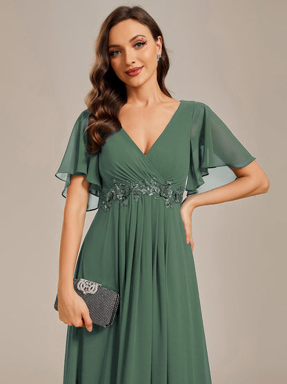 ever IVYROSE|Ruffles Sleeve A-Line Chiffon Waist Applique Maxi Mother of the Bride Dress