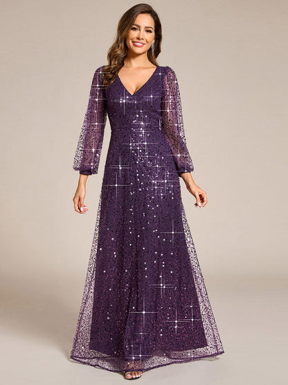 ever RAYVEN|Shimmering All Over V-Neck Long Lantern Sleeve Sequin A-Line Evening Dress